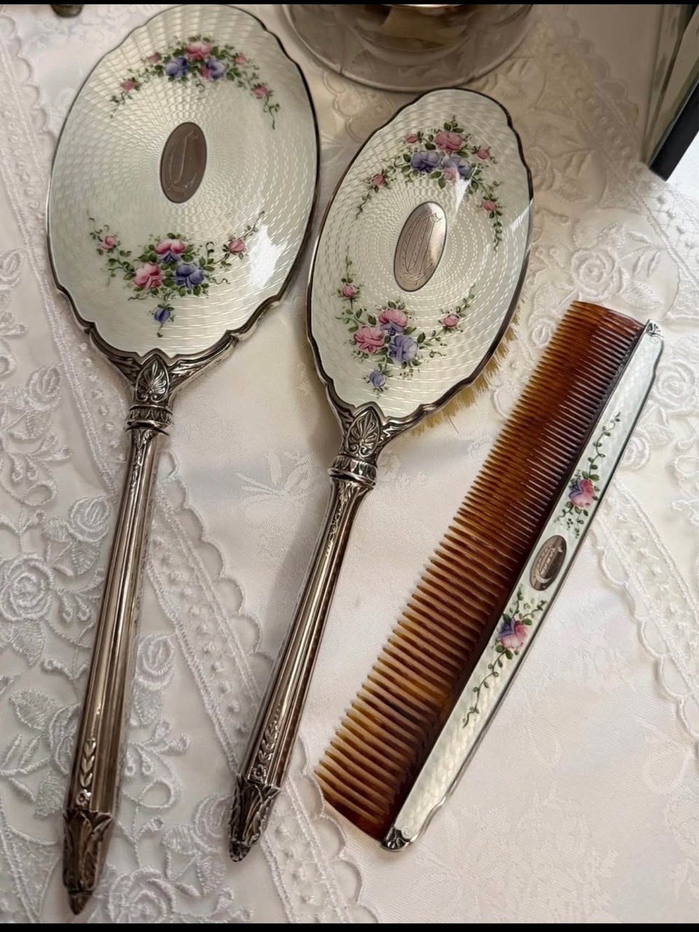 Stunning Antique SAART Brothers Sterling  Guilloché Vanity Set (Firm)